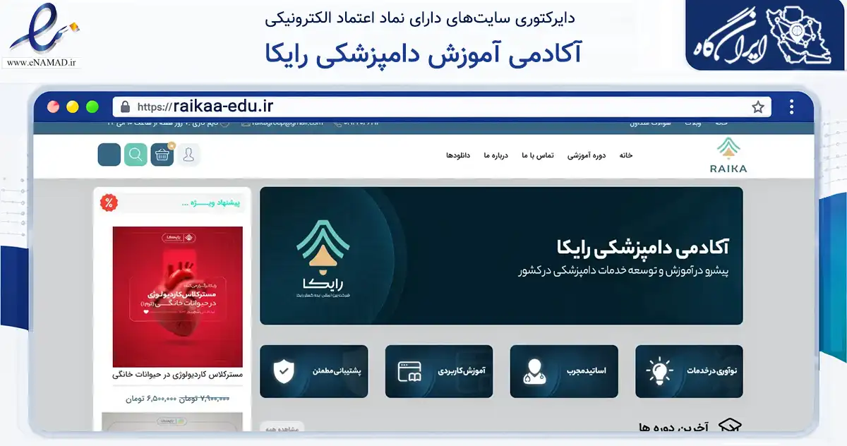 صفحه اصلی سایت آکادمی آموزش دامپزشکی رایکا به نشانی raikaa-edu.ir که در زمینه فناوری اطلاعات، ارتباطات و دیجیتال با مرکزیت کرج فعالیت دارد.
