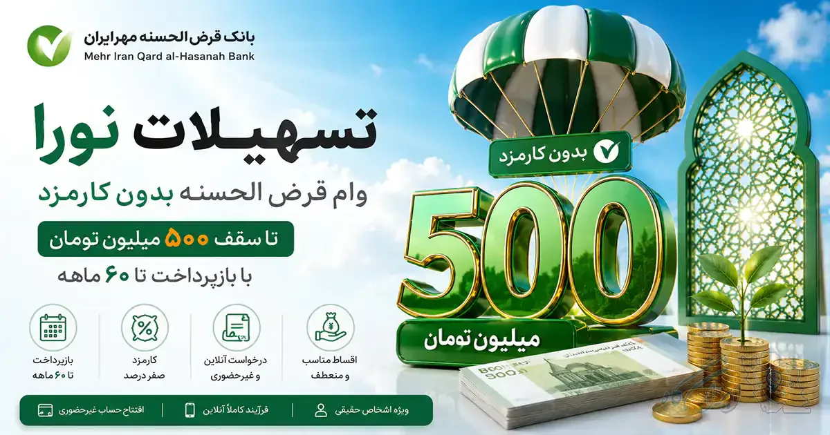 تسهیلات نورا بدون کارمزد تا سقف 500 میلیون تومان به صورت کاملاً آنلاین با بازپرداخت 5 ساله