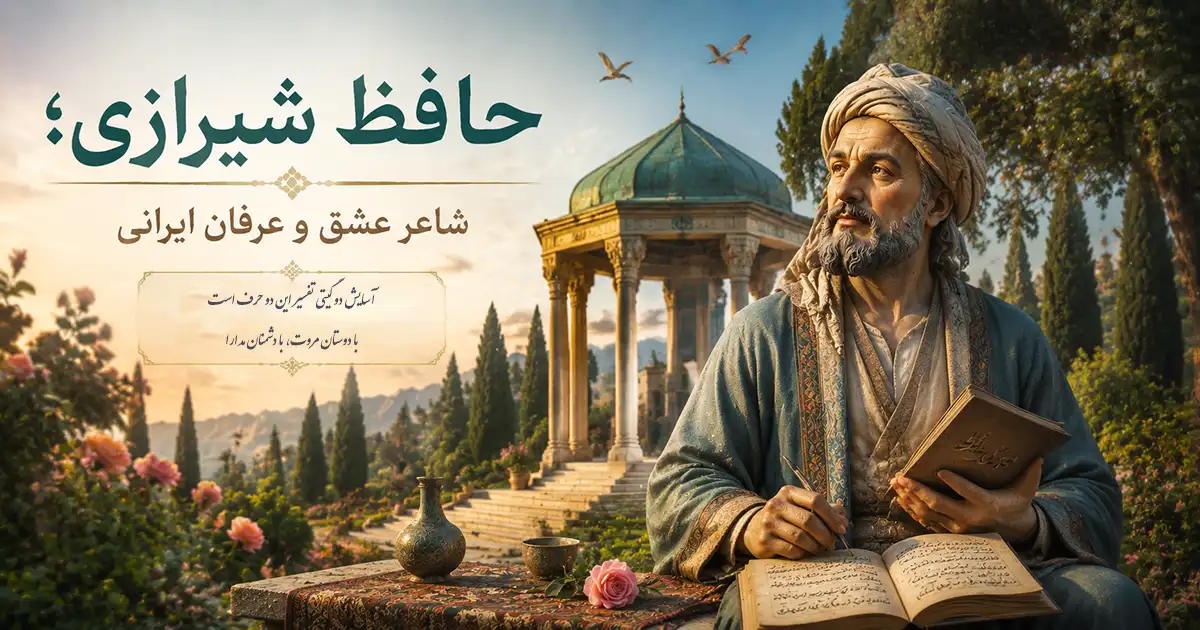 حافظ شیرازی در جلوی تصویر سمت راست در حالی که به سمت چپ تصویر نگاه می کند و در حال نوشتن است و مقبره او پشت سرش و یک باغ با درختان سرو و گل‌های صورتی