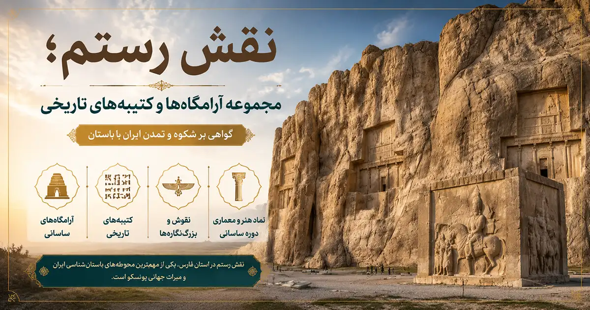 کوه‌های نقش رستم در سمت راست تصویر و کعبه زرتشت در پایین آن و ویژگی‌های نقش رستم که روی تصویر نوشته شده است