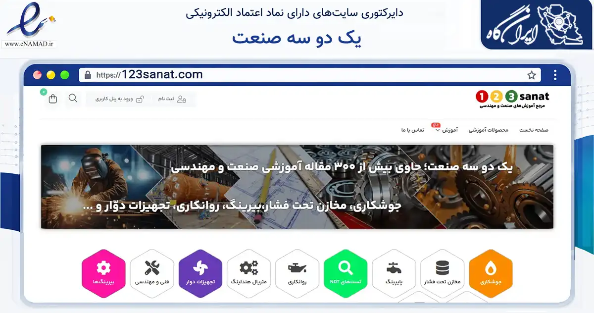 صفحه اصلی سایت یک دو سه صنعت به نشانی 123sanat.com که در زمینه فناوری اطلاعات، ارتباطات و دیجیتال با مرکزیت کرمان فعالیت دارد.