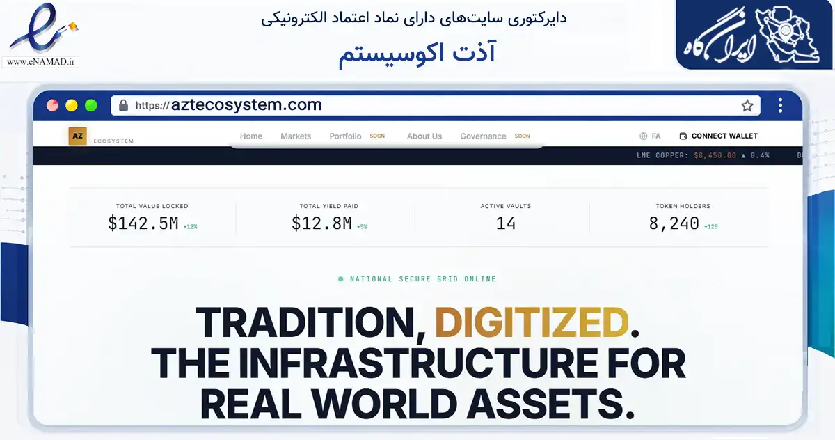 صفحه اصلی سایت آذت اکوسیستم به نشانی aztecosystem.com که در زمینه فناوری اطلاعات، ارتباطات و دیجیتال با مرکزیت تبریز فعالیت دارد.