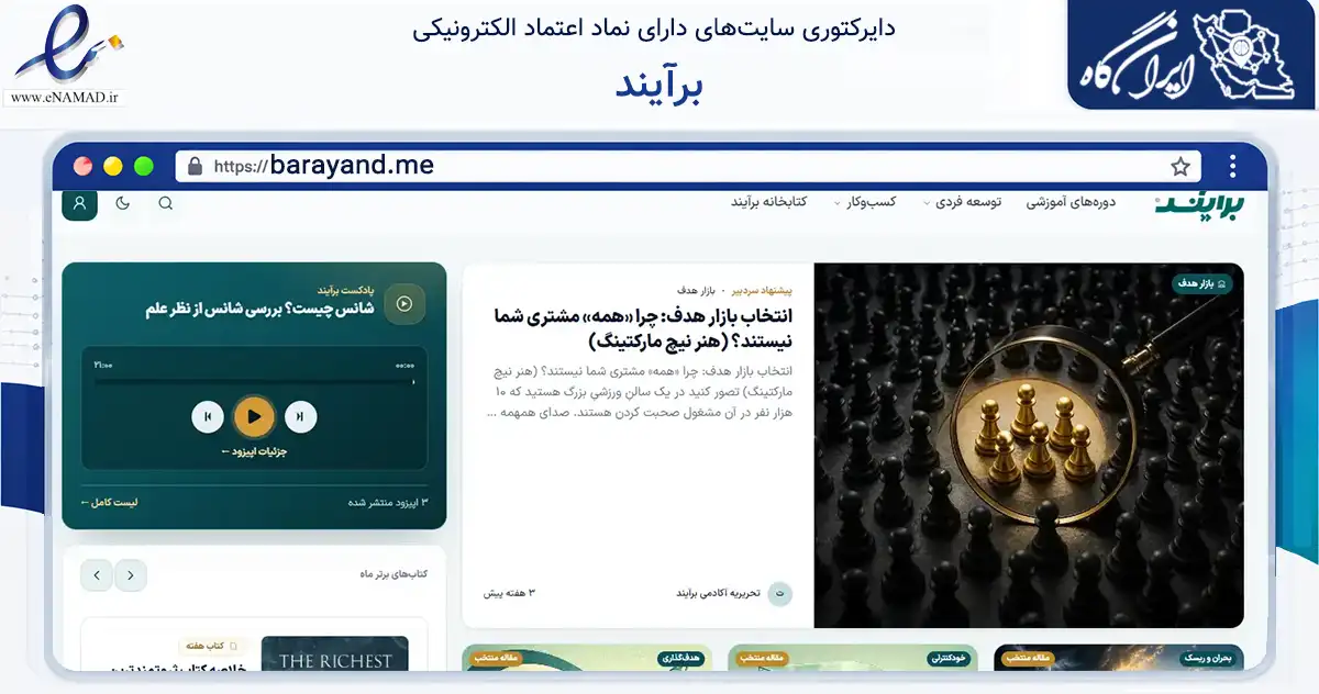 صفحه اصلی سایت برآیند به نشانی barayand.me که در زمینه فناوری اطلاعات، ارتباطات و دیجیتال با مرکزیت تهران فعالیت دارد.
