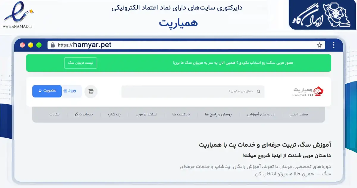 صفحه اصلی سایت همیارپت به نشانی hamyar.pet که در زمینه فناوری اطلاعات، ارتباطات و دیجیتال با مرکزیت سمنان فعالیت دارد.