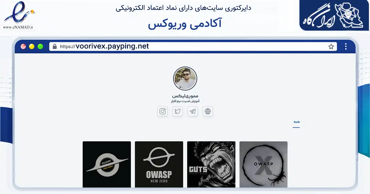 صفحه اصلی سایت آکادمی وریوکس به نشانی voorivex.payping.net که در زمینه فناوری اطلاعات، ارتباطات و دیجیتال با مرکزیت تهران فعالیت دارد.