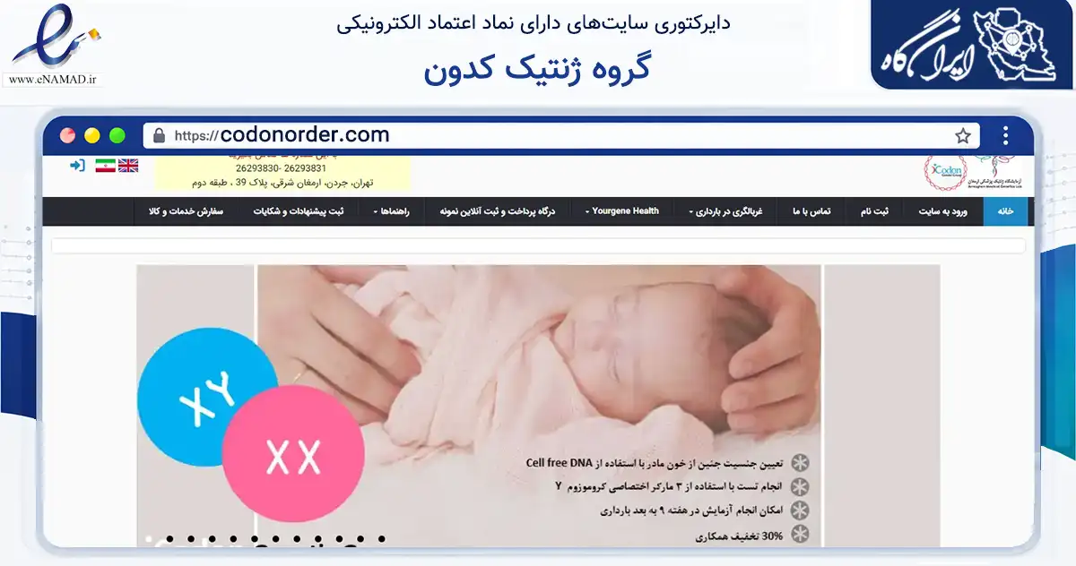 صفحه اصلی سایت گروه ژنتیک کدون به نشانی codonorder.com که در زمینه سلامت، درمان و پزشکی با مرکزیت تهران فعالیت دارد.