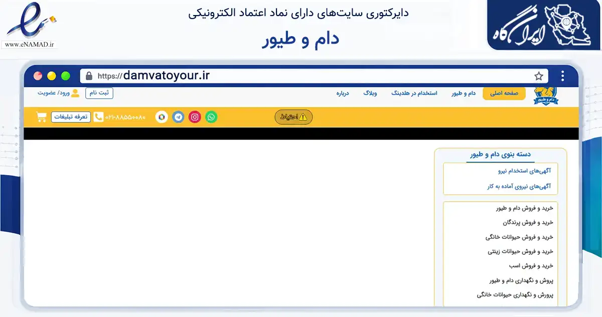 صفحه اصلی سایت دام و طیور به نشانی damvatoyour.ir که در زمینه آموزش، فرهنگ و پژوهش با مرکزیت تهران فعالیت دارد.