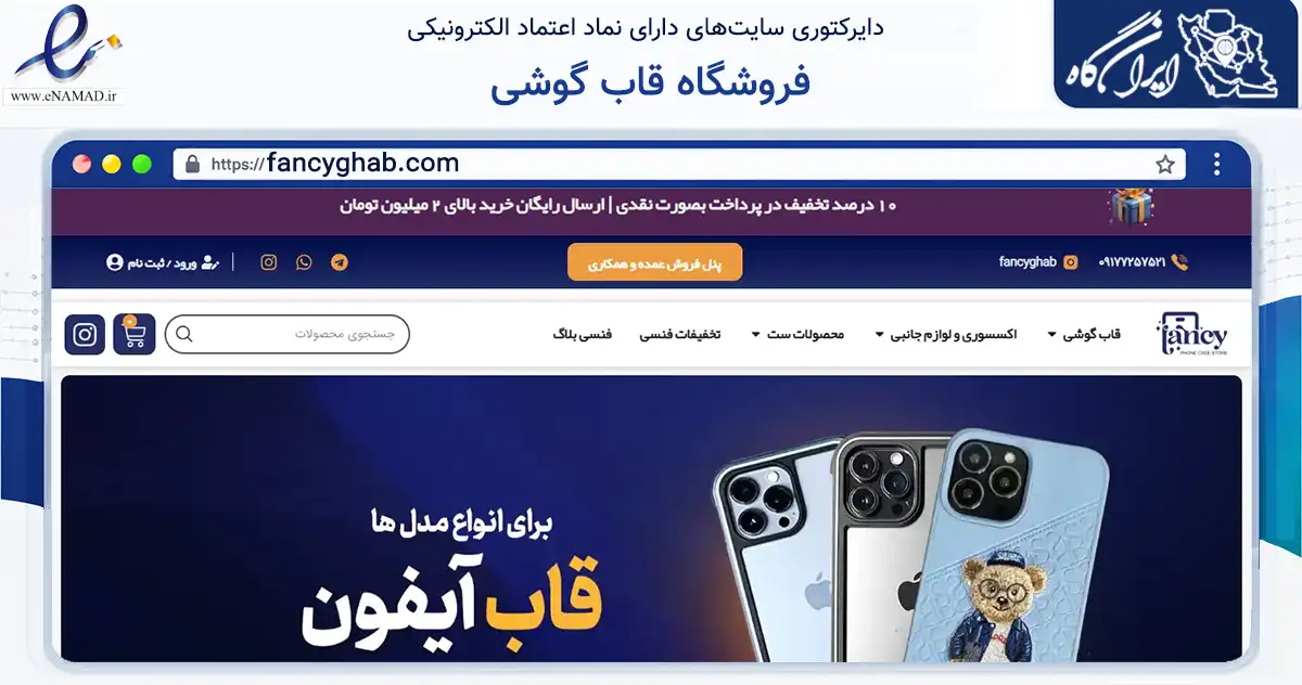 صفحه اصلی سایت فروشگاه قاب گوشی به نشانی fancyghab.com که در زمینه سایر خدمات و فعالیت‌ها با مرکزیت شیراز فعالیت دارد.