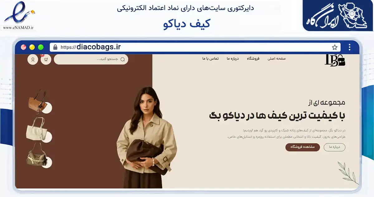 صفحه اصلی سایت کیف دیاکو به نشانی diacobags.ir که در زمینه خدمات عمومی، شخصی و تعمیرات با مرکزیت تهران فعالیت دارد.