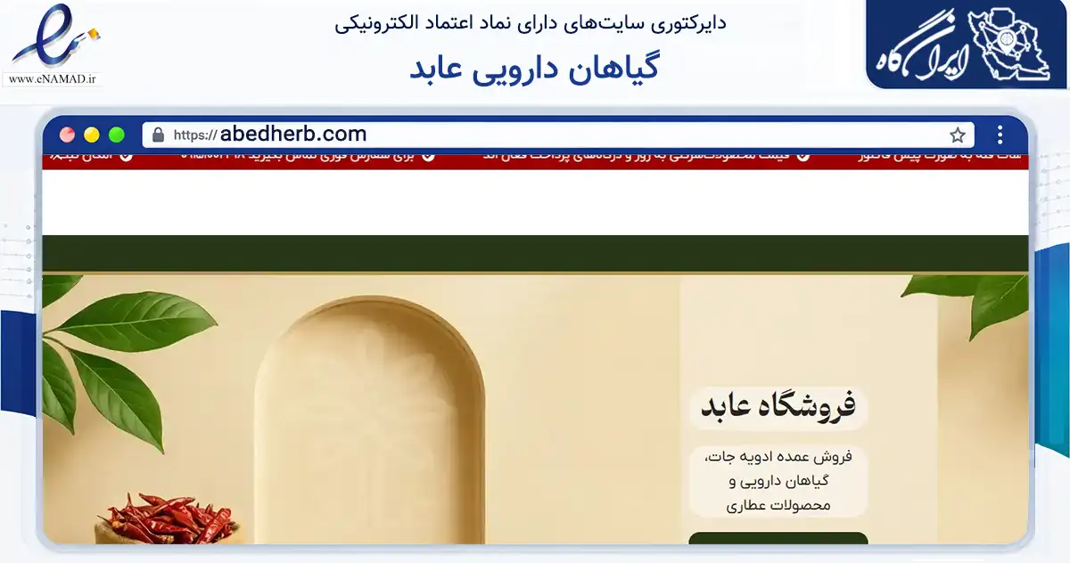 صفحه اصلی سایت گیاهان دارویی عابد به نشانی abedherb.com که در زمینه تجارت، بازرگانی و تبلیغات با مرکزیت مشهد فعالیت دارد.