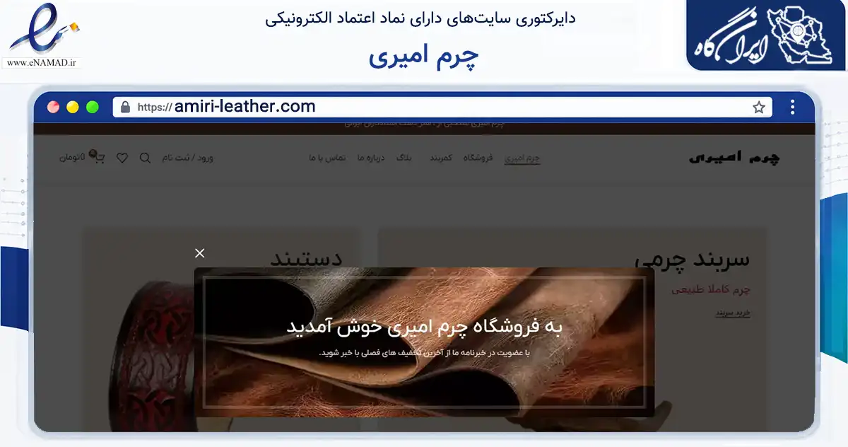 صفحه اصلی سایت چرم امیری به نشانی amiri-leather.com که در زمینه تجارت، بازرگانی و تبلیغات با مرکزیت همدان فعالیت دارد.