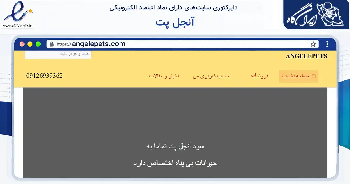 صفحه اصلی سایت آنجل پت به نشانی angelepets.com که در زمینه تجارت، بازرگانی و تبلیغات با مرکزیت کرج فعالیت دارد.