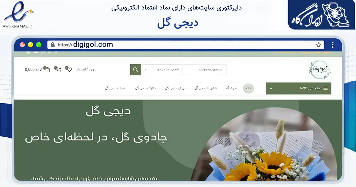 صفحه اصلی سایت دیجی گل به نشانی digigol.com که در زمینه تجارت، بازرگانی و تبلیغات با مرکزیت تهران فعالیت دارد.