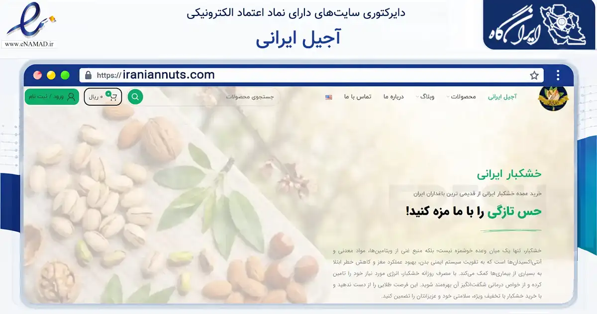 صفحه اصلی سایت آجیل ایرانی به نشانی iraniannuts.com که در زمینه تجارت، بازرگانی و تبلیغات با مرکزیت تهران فعالیت دارد.