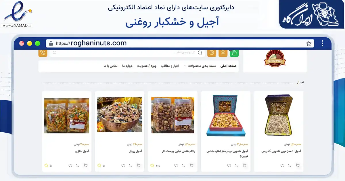 صفحه اصلی سایت آجیل و خشکبار روغنی به نشانی roghaninuts.com که در زمینه تجارت، بازرگانی و تبلیغات با مرکزیت ری فعالیت دارد.