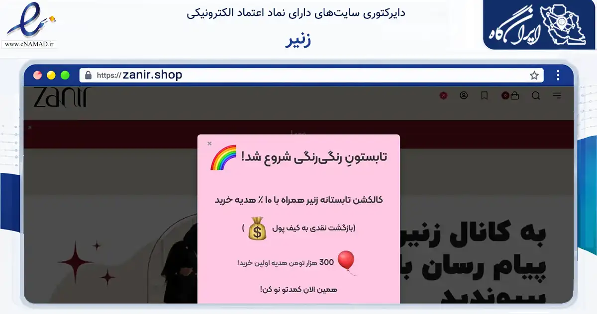 صفحه اصلی سایت زنیر به نشانی zanir.shop که در زمینه تجارت، بازرگانی و تبلیغات با مرکزیت مشهد فعالیت دارد.